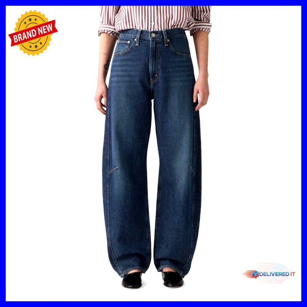 High Rise Tapered Barrel Jeans, Adjustable Back Cinch, 100% Cotton Denim
